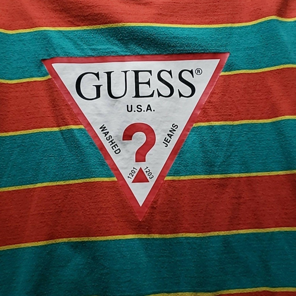 Guess Shirt Mens Small Multicolor Stripe Triangle Logo Graphic Tee Crewneck - Picture 3 of 6